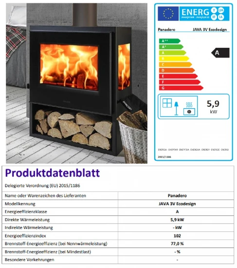 EEK A Kaminofen Panadero JAVA TRIVISION Mit 3 Scheiben - 5,9 KW, Raumluftunabh. 2 EEK A Kaminofen Panadero JAVA TRIVISION Mit 3 Scheiben - 5,9 KW, Raumluftunabh. – Bild 2