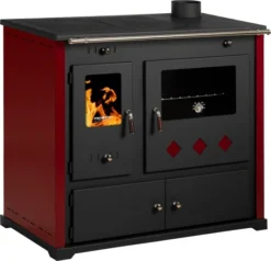 EEK A+ Küchenofen Holzherd Practik LUX Bordeaux, Rechte Version - 9,5 KW, Ext. Zuluft - Dauerbrand